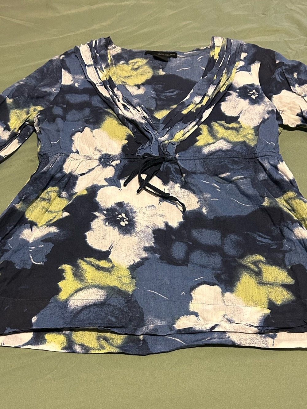 Calvin Klein Navy Floral Tie-Front V-Neck Tunic